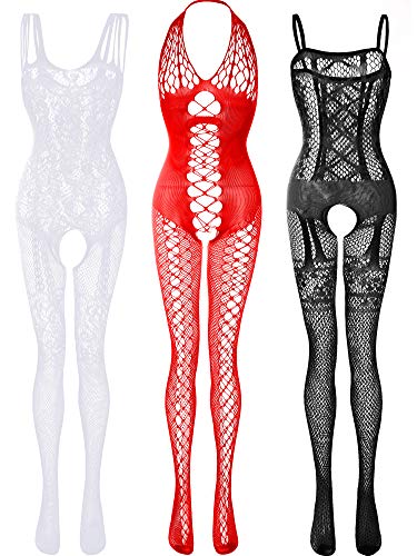 3 Pieces Womens Lace Stockings Lingerie Floral Fishnet Bodysuits Lingerie Nightwear for Romantic Date Wearing