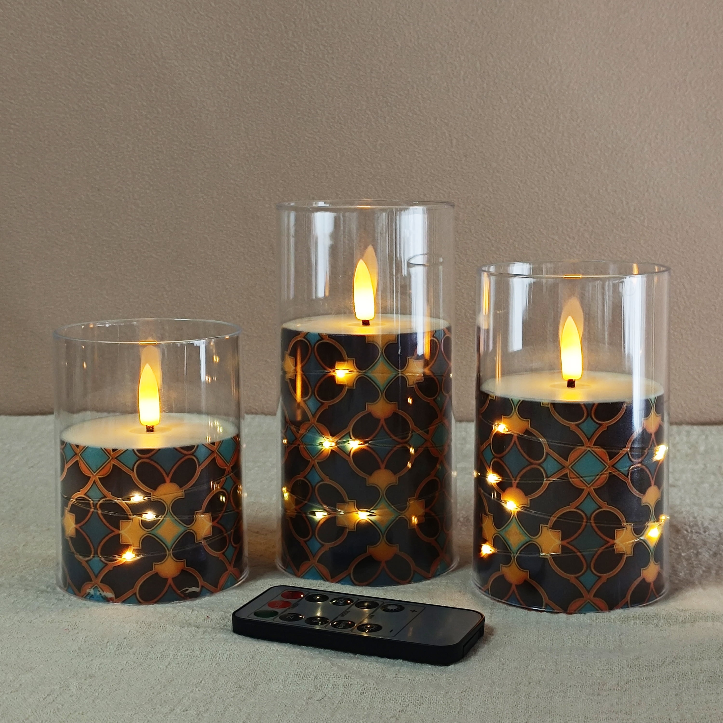 Flameless Candles with String Lights LED Candle Battery Operated Candles with Remote Control,Printed Pillar LED Candles for Wedding Holiday Party Table Home Decorations,Set of 3
