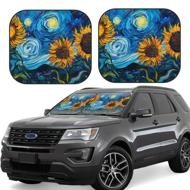 Cauagu Starry Night Sunflower Field Print Car Front Windshield Sun Shade,Foldable Anti-UV Car Sunshade for Front Window for Most Vehicles-Medium