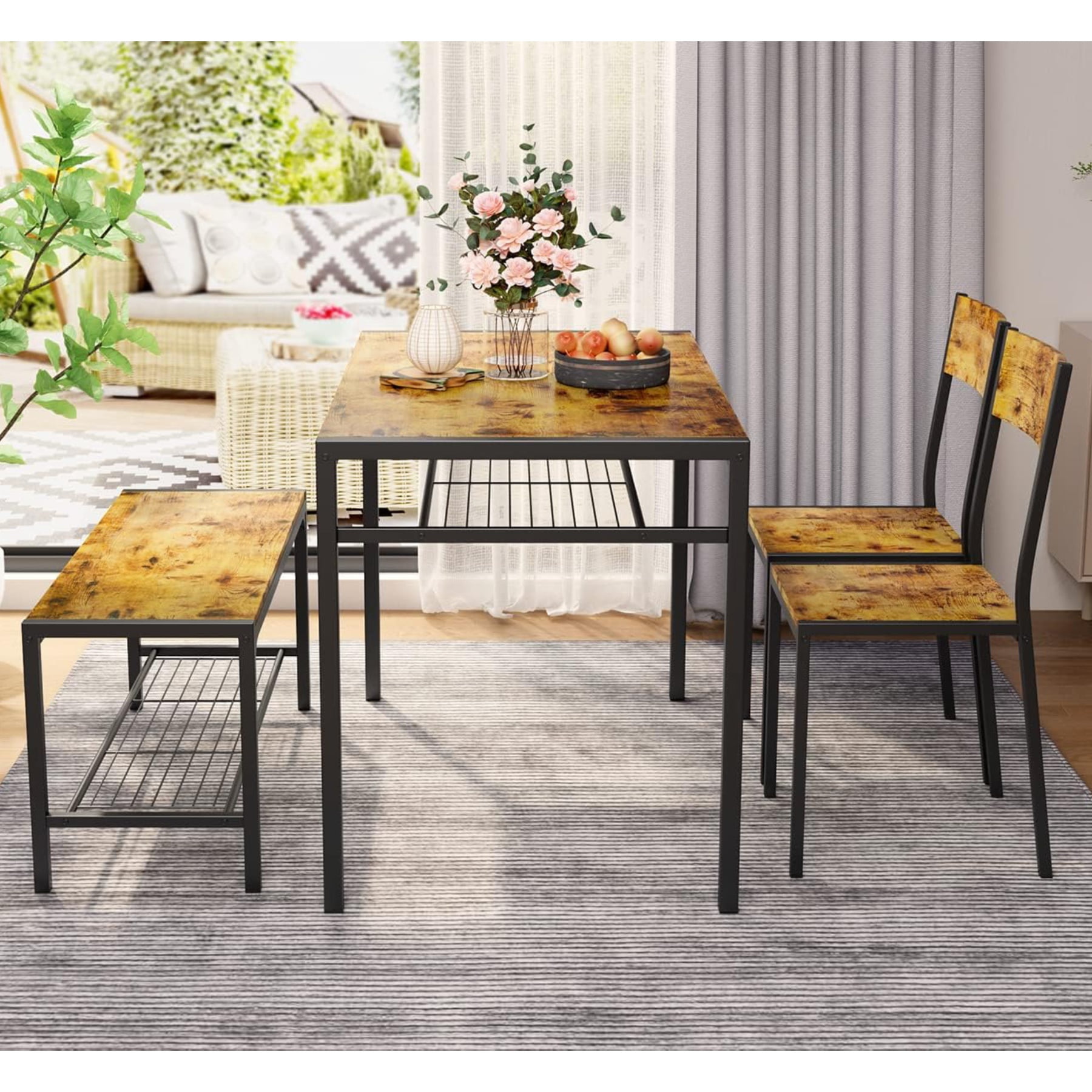 Lofka Kitchen Table Set for 4 with 1 Table & 2 Chairs & 1 Bench, Modern Small Dining Room Set for Small Spaces, Retro