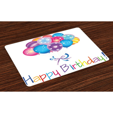 Birthday Placemats Set of 4 Balloon Bouquet with Stars and Heart Shapes Best Wishes Joyful Happy Event Print, Washable Fabric Place Mats for Dining Room Kitchen Table Decor,Multicolor, by