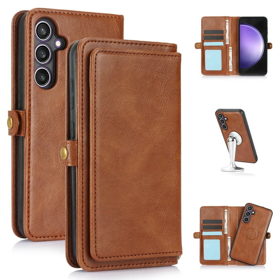 Compatible with Samsung Galaxy S21  Detachable Wallet Case, Premium PU Leather Zipper Folio RFID Blocking with Card Slot Wrist Strap Magnetic Closure Built-in Kickstand Protective Case, Brown
