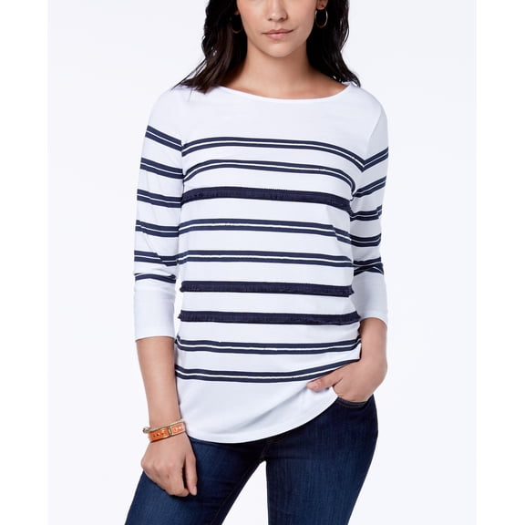 Charter Club Sequin Striped Top Bright White Combo XL