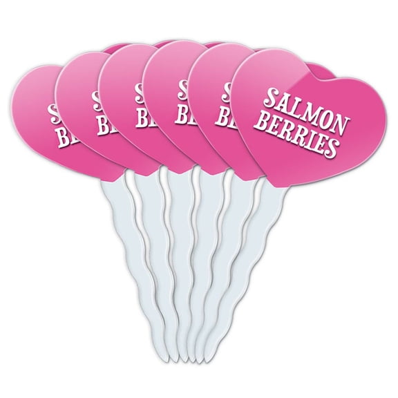 Salmon Berries Heart Love Cupcake Picks Toppers - Set of 6