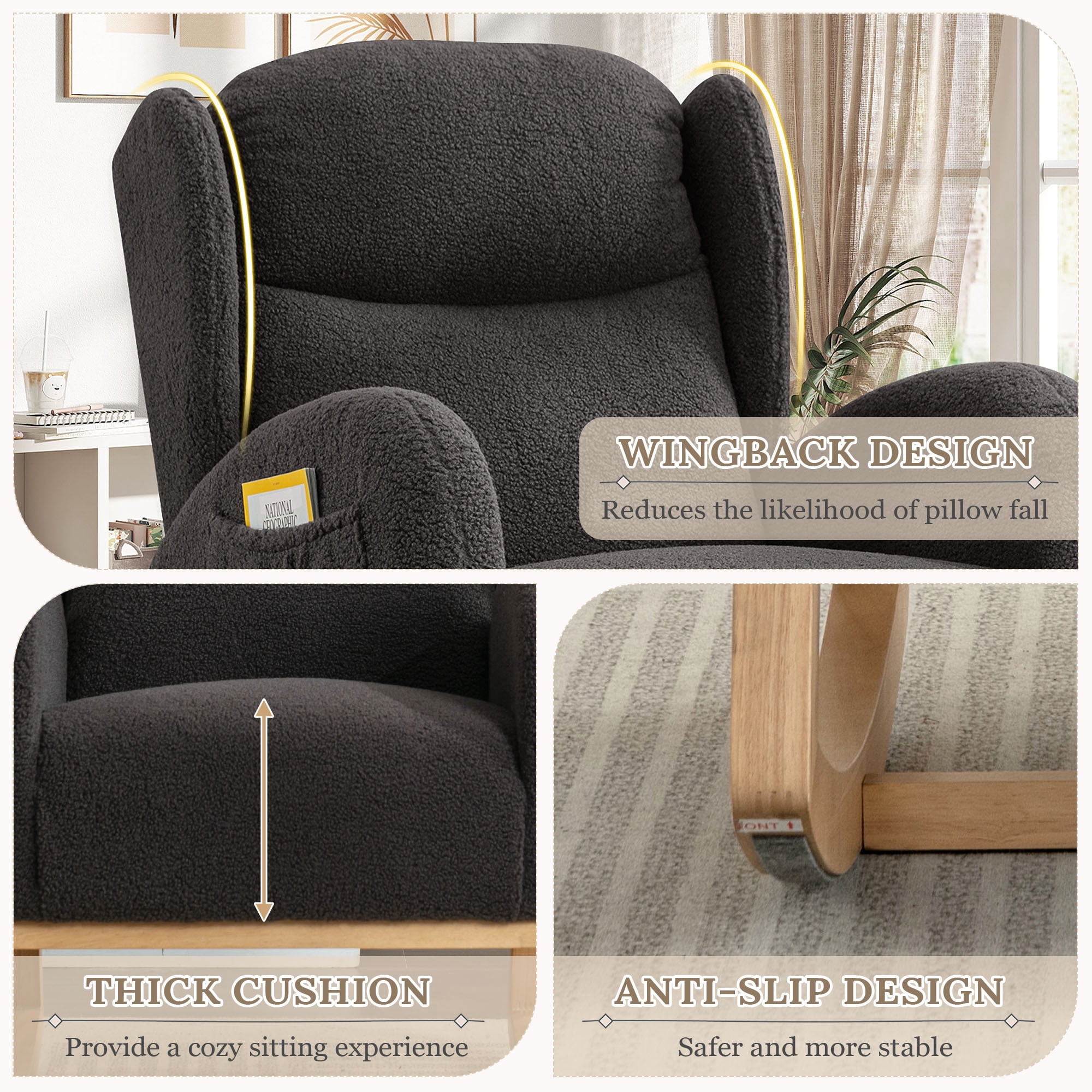 Muumblus Nursery Rocking Chair, Wingback Glider Rocker, Indoor Uphlostered Rocking Chair, Gray Teddy