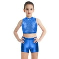 thumbnail image 2 of MSemis Kids Girls Shiny Sequins Outfits Cropped Tops with Glossy Shorts Blue 14, 2 of 6