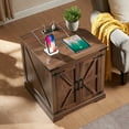 thumbnail image 3 of Rustic Farmhouse End Table with Charging Station - 24" Large Sofa Side Table With Barn Door Design - Square Nightstand Bedside Table with Adjustable Storage Shelf for Living Room or Bedroom,Walnut, 3 of 6