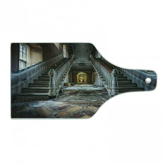 Rustic Cutting Board, Destroyed Main Entrance Hallway of Ravaged Opera House with Symmetric Stairs Photo, Tempered Glass Cutting and Serving Board, Wine Bottle Shape, Brown Beige, by Ambesonne