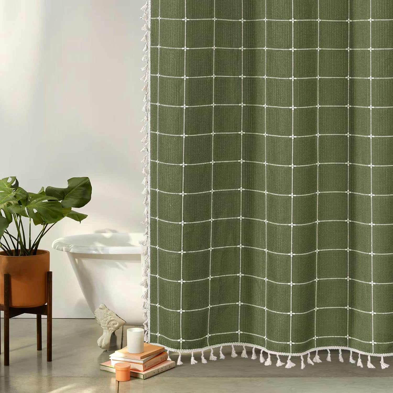 Zrodlmo Boho Farmhouse Shower Curtain with Hooks Rustic Cottagecore Fabric Bathroom Curtain with Tassels, 72" x 72", Green