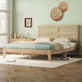 Queen Size Platform Bed with PE Rattan Headboard, Solid Rubber Wooden