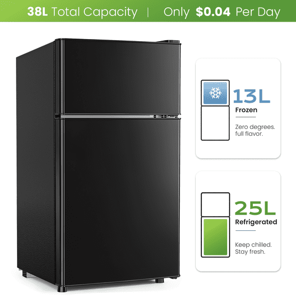 Nepsam Mini Refrigerator with Top Freezer 38 Liter Dual Door Small Refrigerator with 7-Level Adjustable Thermostat for Office, Black