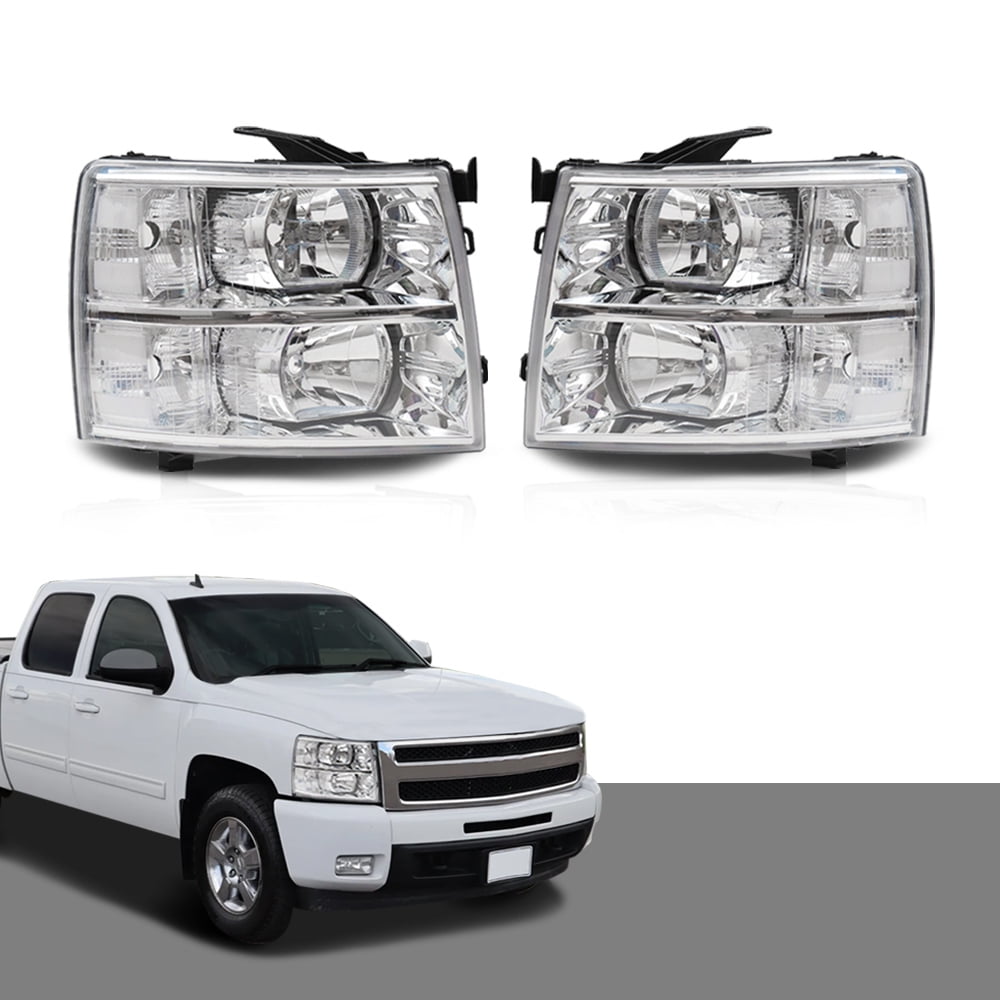 Euro Style Chrome Headlights For 2007-2014 Chevy Silverado 1500 - Clear Lens & Reflector, Halogen, Pair