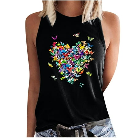 

Graphic Tank Tops for Women Funny Cow Heart and Butterfly Shirt Summer Sleeveless Graphic T Shirts