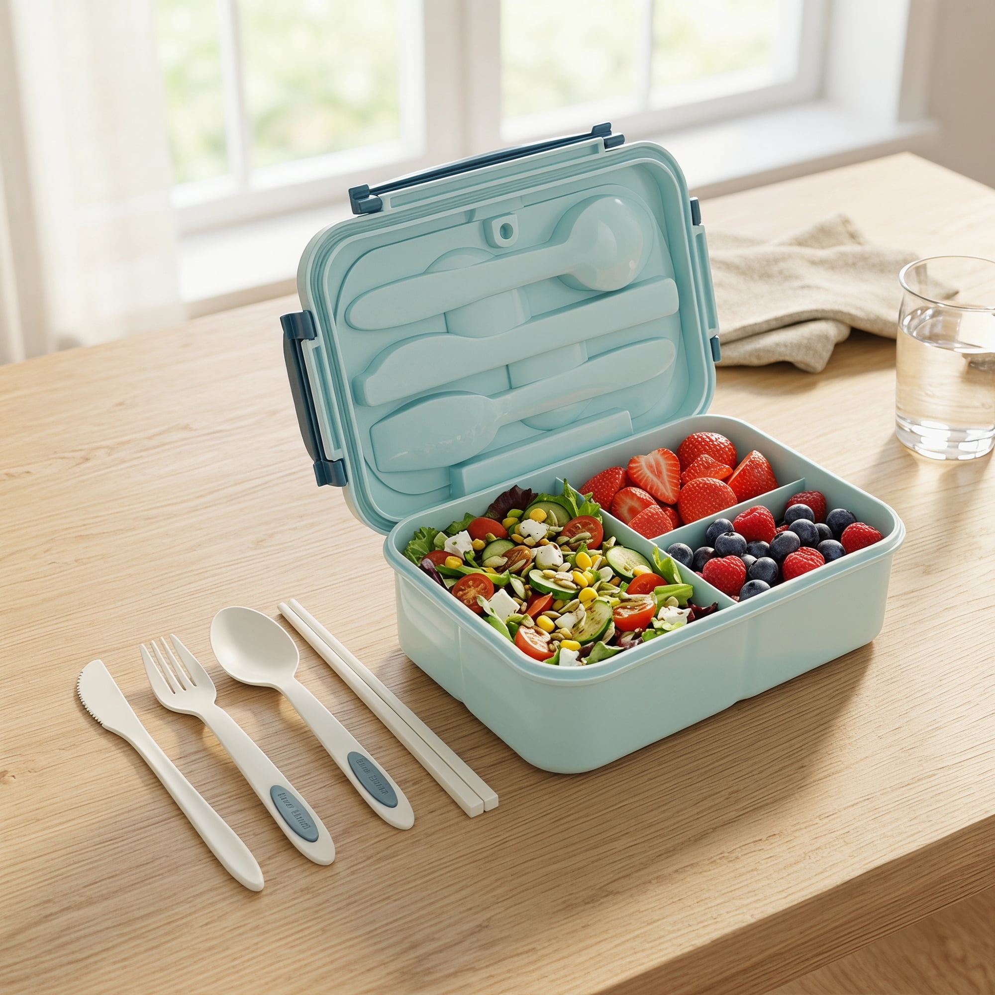 Unique Bargains 3-Compartment Leak-Proof  Lunch Bento Box with Utensils Royal Blue-1