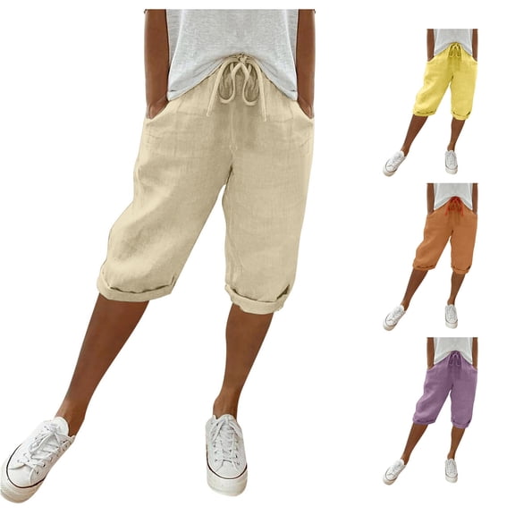 XIAONU Women's Solid Capri Pants Drawstring Waist Rolled Side Pockets Trousers
