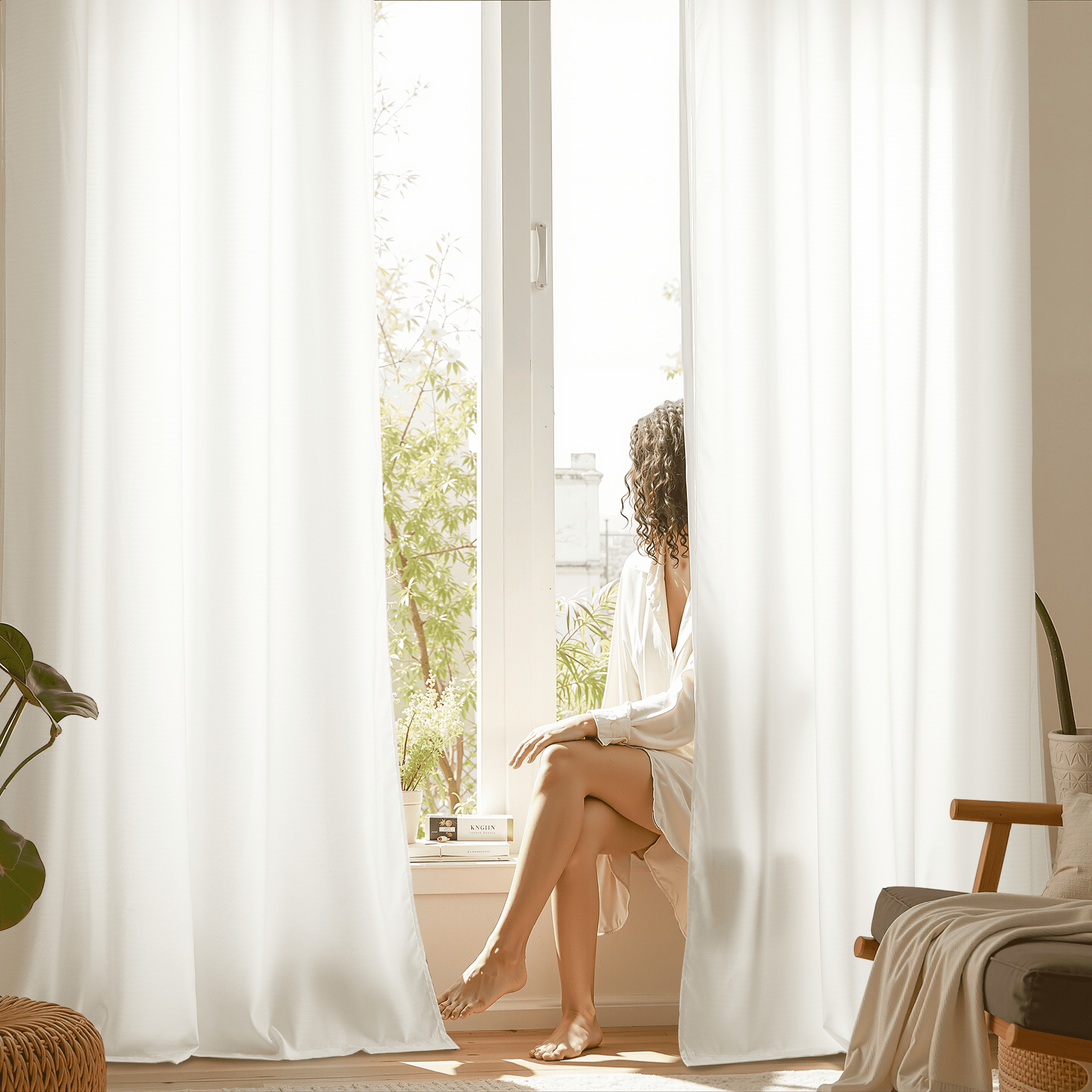 NICETOWN Privacy Sheer Curtains 96 inches Long, Non-See-Through Fishbone Texture Sheer Curtains Light Filtering Sheer Curtain Drapes for Bedroom Living Room, White, 2 Panels