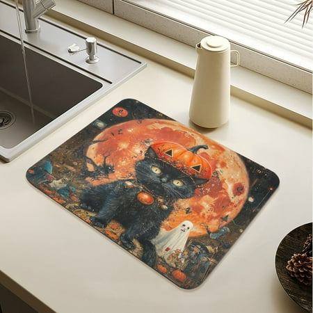 

Wobogo Pumpkin Element Black Cat Dish Drying Mats Diatomaceous Earth Super Absorbent Non-slip Rubber Sole 23.6×19.7in