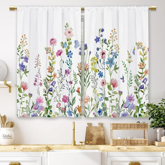 Colorful Floral Kitchen Curtains Flower Plant Wildflower Small Short Cafe Window Curtains Nature Boho Farmhouse Botanical Rod Pocket Bathroom Window Drapes Tier Curtains (27.5x36 Inch)
