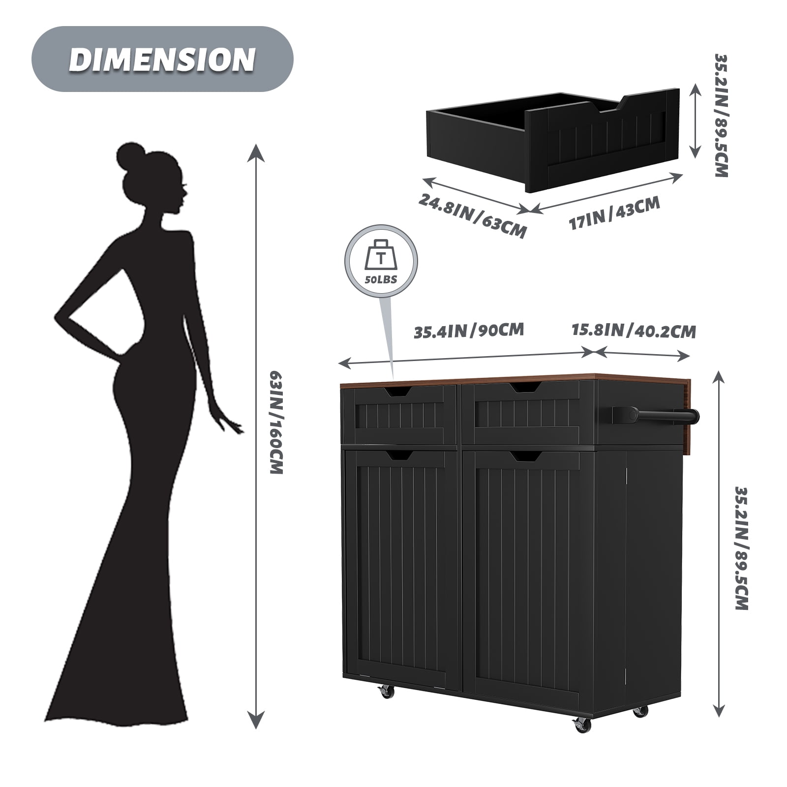 SNYNUXX Kitchen Island with Drop Leaf, Rolling Mobile Island Cart with Drawer, Wooden Countertop and Lockable Casters, Black-35.43"x23.62"x35.43"