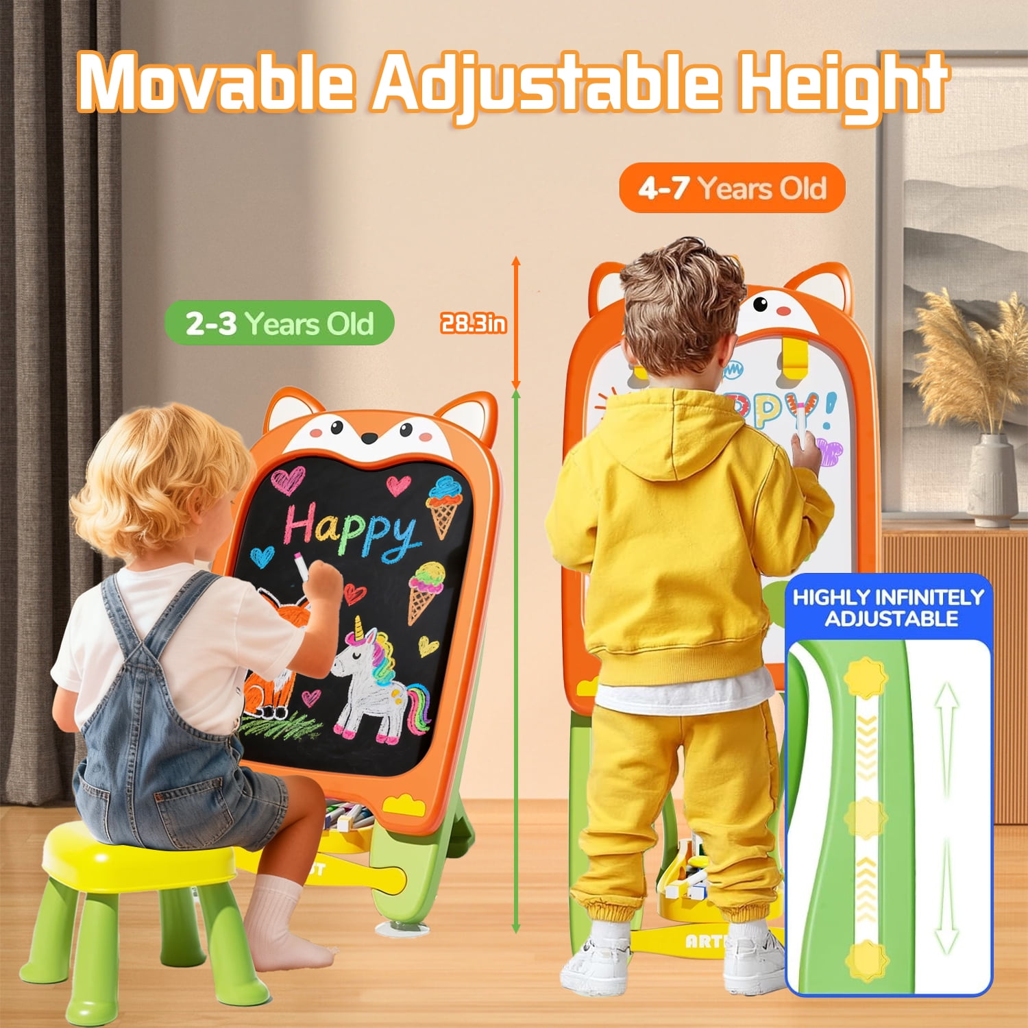 Aijohnny Easel for Kids, Adjustable Standing Magnetic Drawing Board with Chair for Girls & Boys, Birthday Gift for 3-5 5-8 Year Old