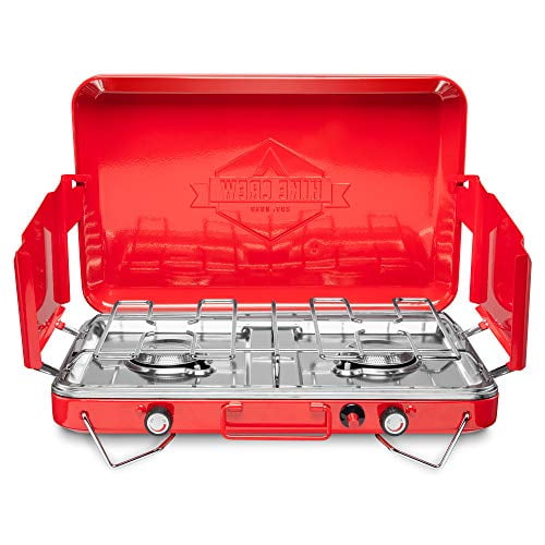 Hike Crew Gas Camping Stove | 20,000 BTU Portable Propane 2 Burner Stovetop  | Integrated Igniter & Stainless Steel Drip Tray | Built-in Carrying 