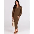 thumbnail image 2 of Women Sweater Dress Long Sleeve Button V Neck Oversized Casual Loose Fall Waffle Knit Long Dress, 2 of 8