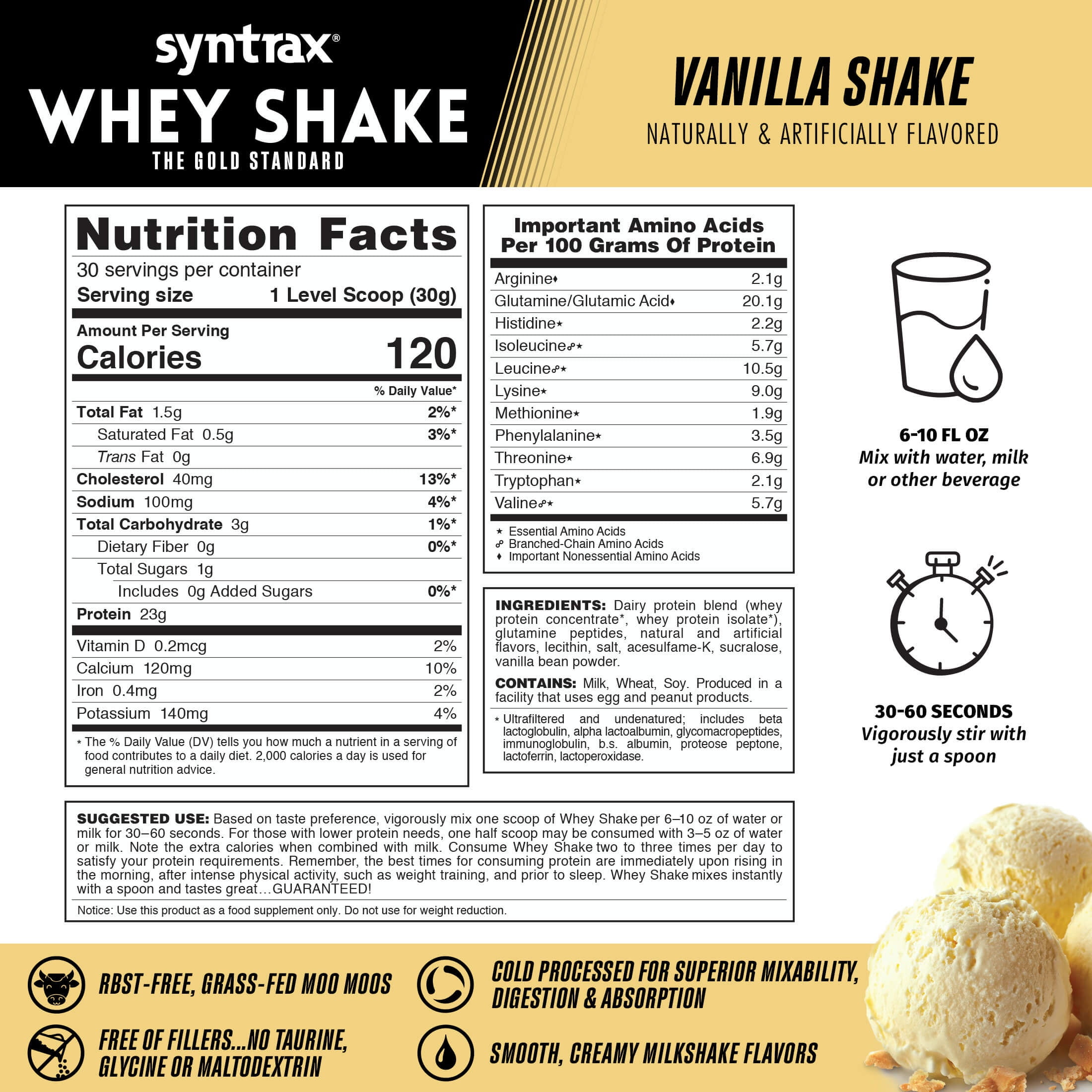 Syntrax Whey Shake, Vanilla Shake, 2 lbs. Cold Filtered, Undenatured Whey Protein Blend, with Real Vanilla Bean Specks