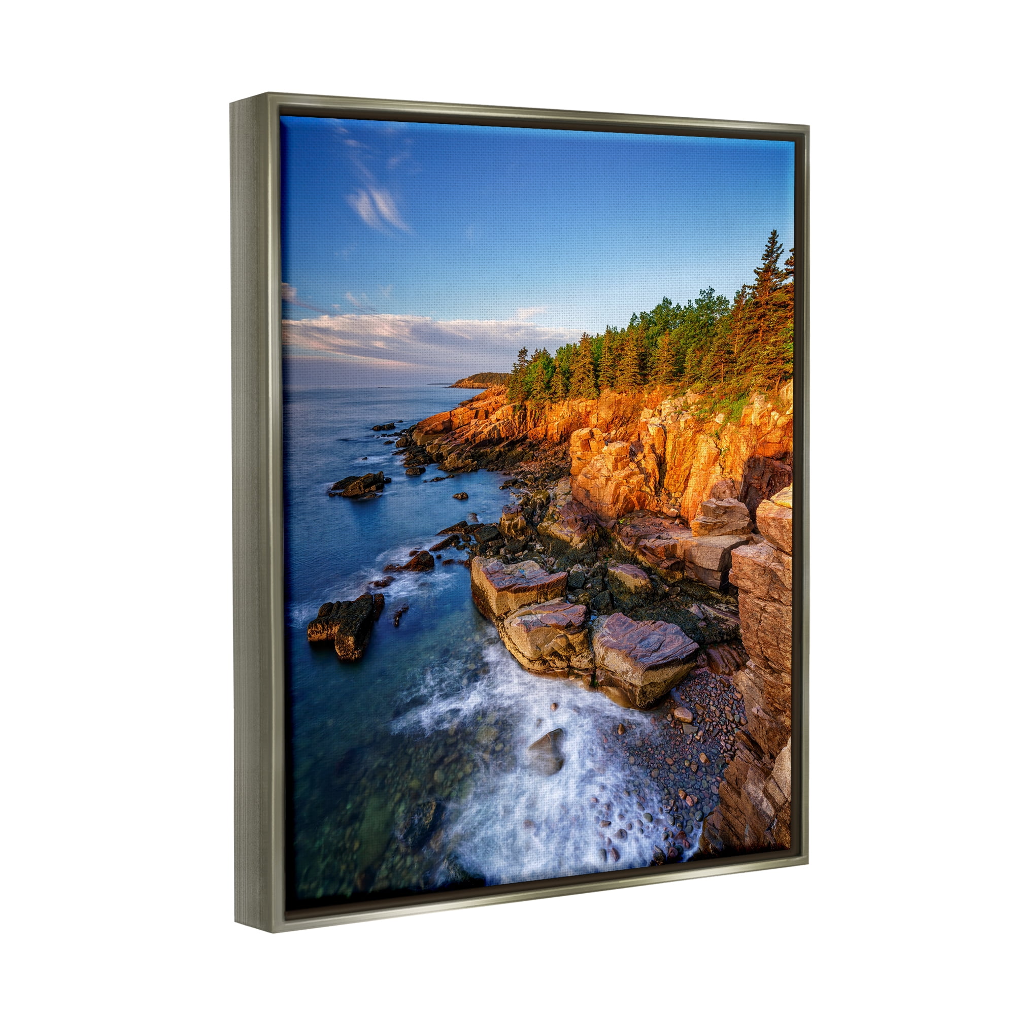 Stupell Rocky Cliffs Shore Beach Foam Landscape Photography Gray Floater Framed Art Print Wall Art