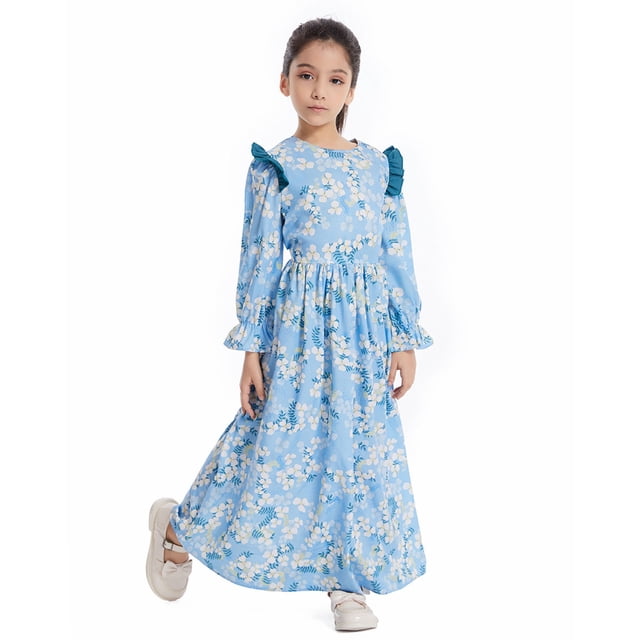 GDREDA Tenues d'Été pour Filles Robe à Manches Longues à Fleurs Décontractée Robes Imprimées à Fleurs Robe à Taille Nouée pour Enfants Robe Maxi Tenues et Ensemble pour Filles Bleu, 11-12 Ans