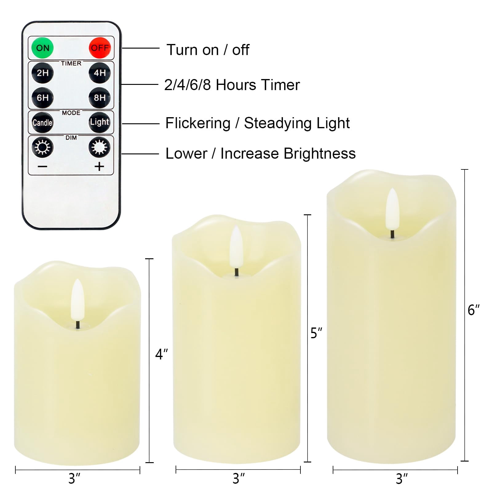 Flickering Flameless LED Candles, Realistic Fake Candles, Battery Operated, with Remote and Timer, Ivory Real Wax Pillar Candles Set of 3
