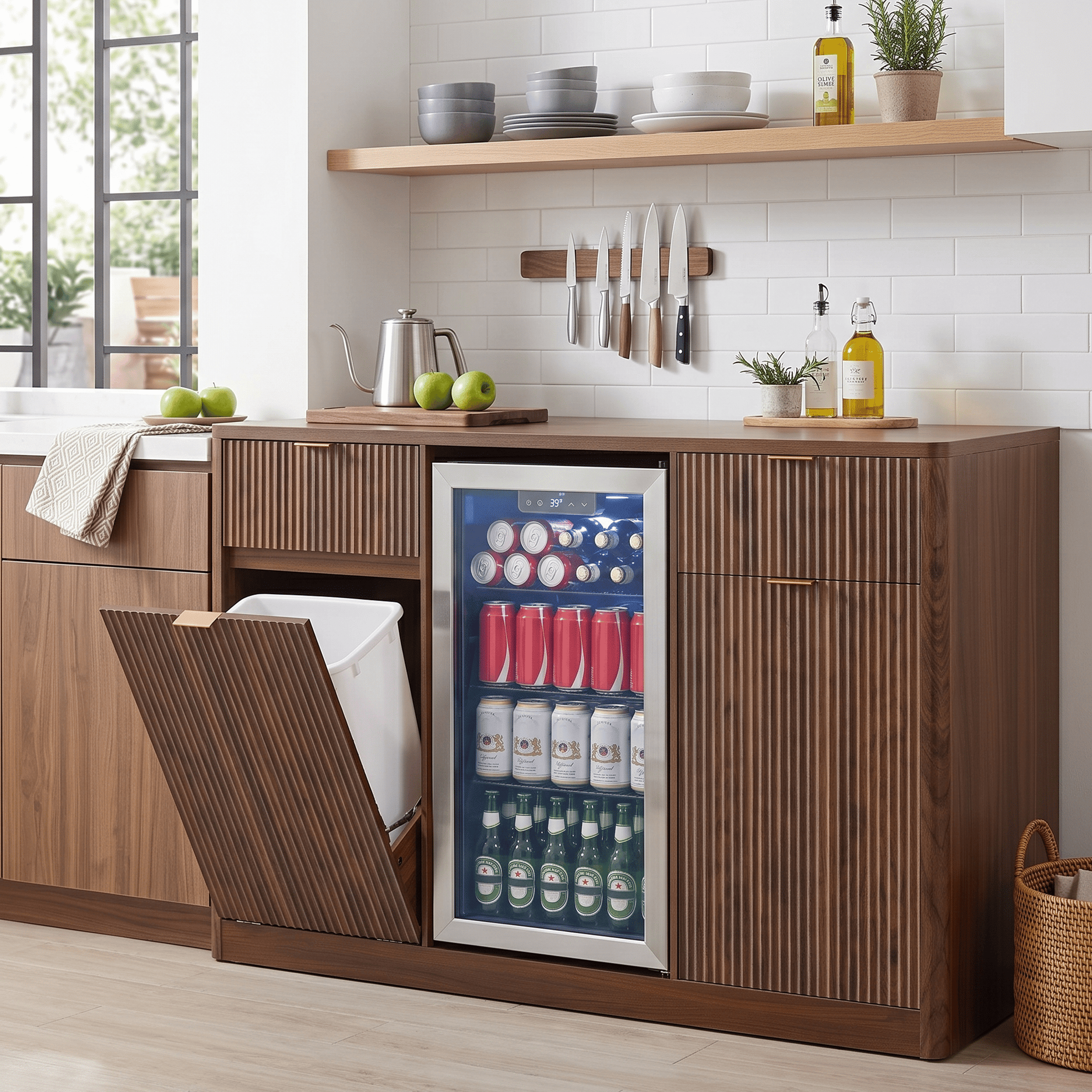 Homy Casa 59" Fluted Kitchen Island with Mini Fridge Space, Trash Cabinet and Outlet, Dark Walnut