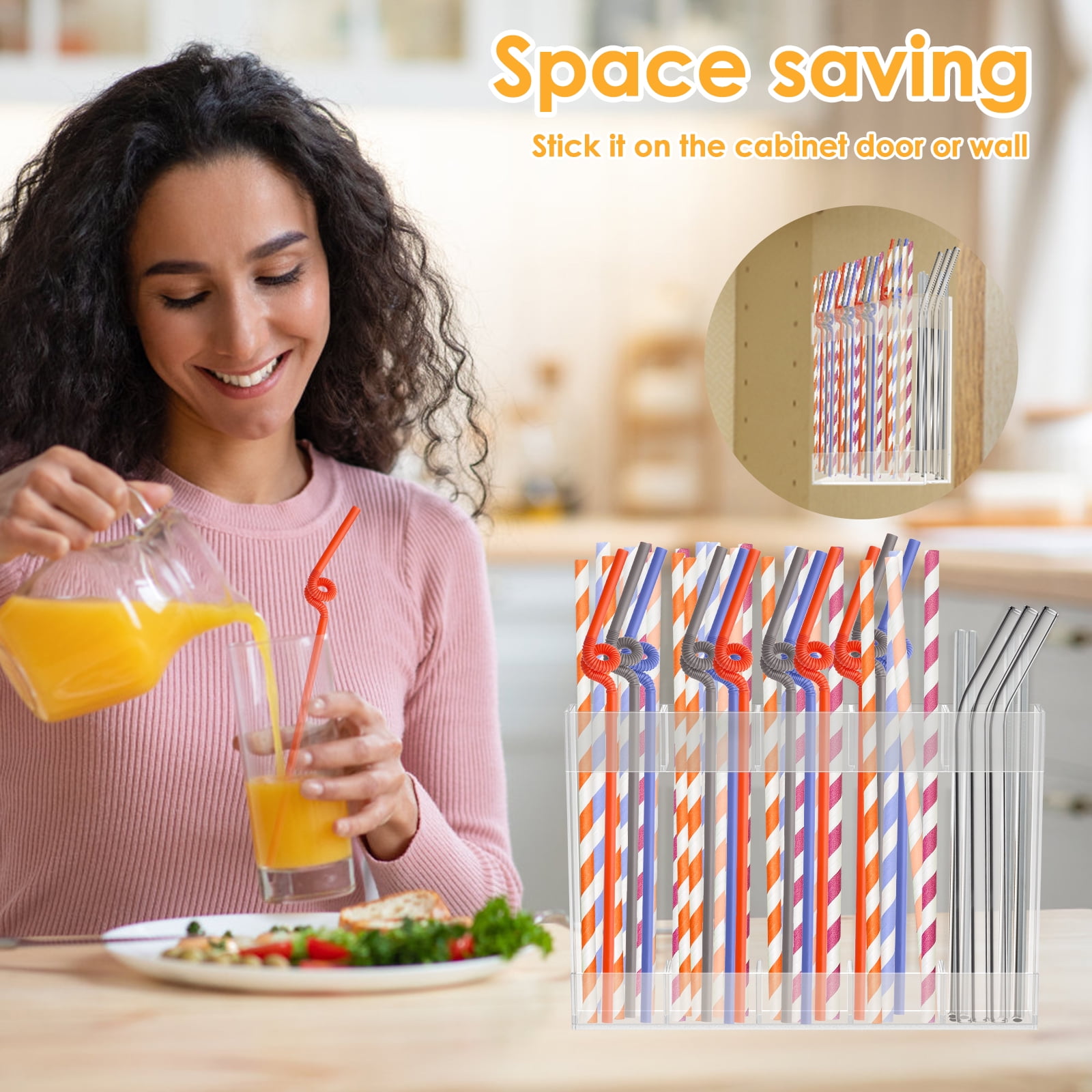Reusable Acrylic Straw Holder With Adhesive - Countertop Or Cabinet Organizer For Long Tumbler Straws, White