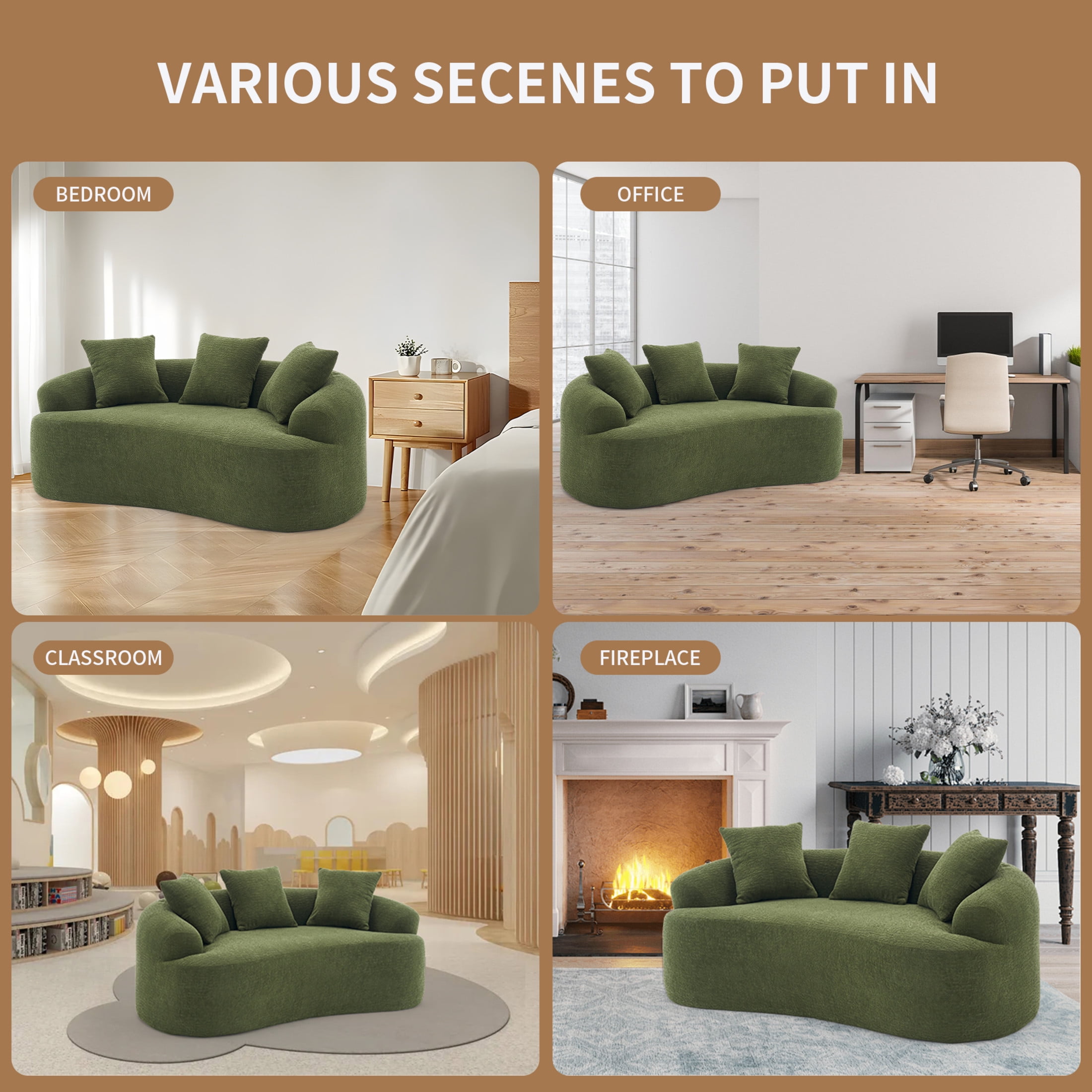 Noble House Arlyn 65" Curved Loveseat Sofa with Pillows, Chenille Compact Compression Couch for Small Spaces, Green