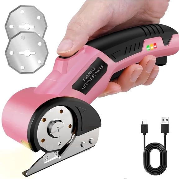 XMZHOU Cordless Electric Scissors Cardboard Box Cutter with LED Light ＆ Safety Lock Power Rotary Cutter for Fabric Carpet Leather, Pink