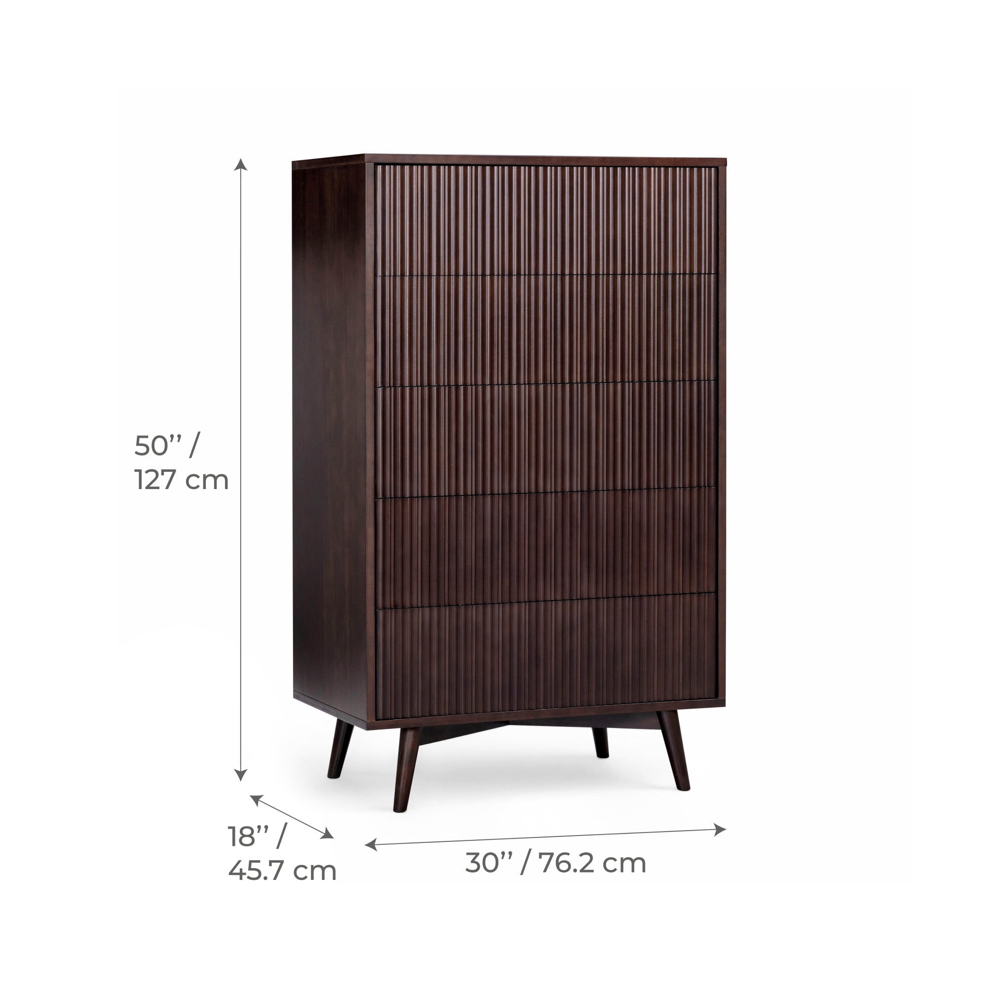 Tremolo 5-Drawer Dresser, Espresso – Teamson Home: Push-Open Chest of Drawers with Natural Acacia Fluted Fronts for Modern Bedrooms & Closet Storage