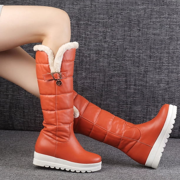 Botas de mujer con hebilla de cinturón, forro polar grueso, plataforma sin cordones, tacones medios, Color sólido, botas de nieve cálidas hasta la rodilla para invierno Wmkox8yii shkj790