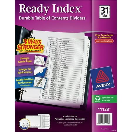 - Avery Ready Index TOC Dividers, Preprinted 1-31 White Tabs (11128)