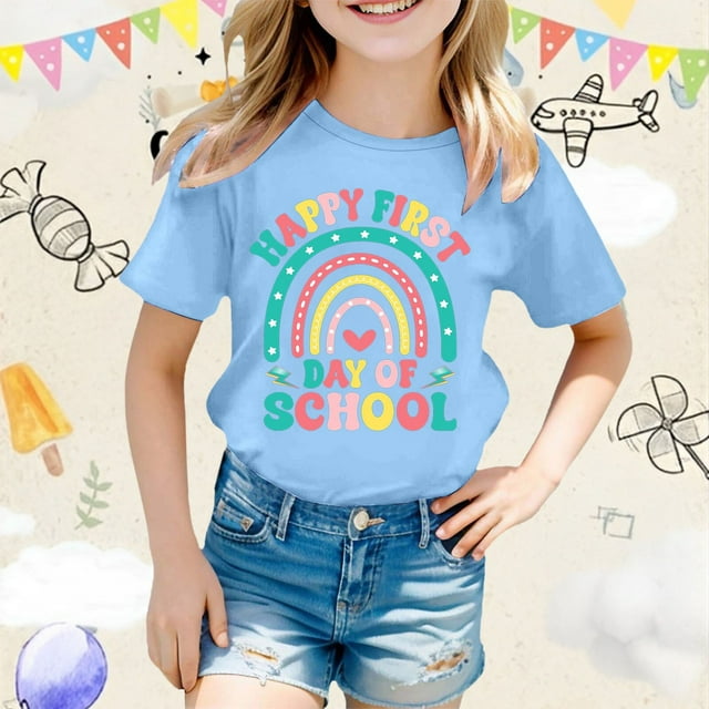 Cute Cartoon Print Girls Casual Short Sleeve T-Shirt Comfortable Breathable Top for Daily School Wear Ages 3-13