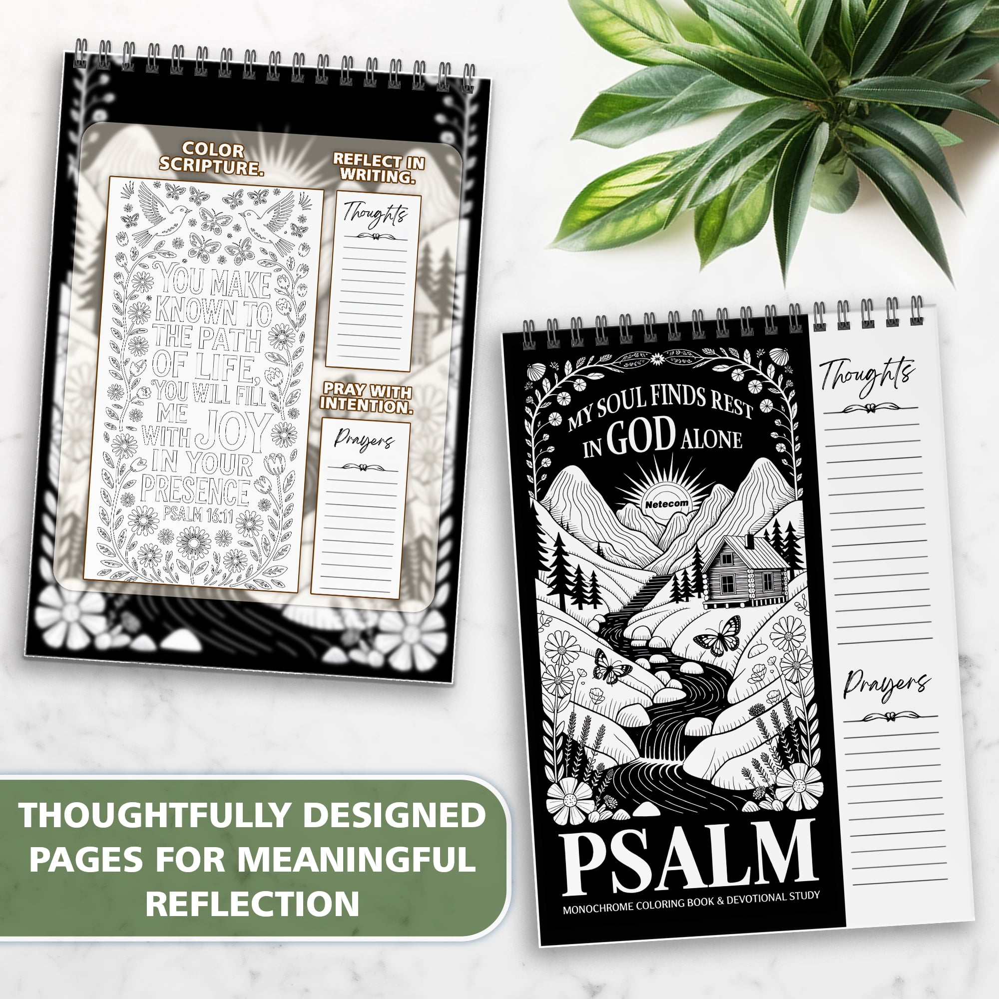Psalms Monochrome Coloring Book for Adults, 30 Minimalist Scripture Art Pages with Reflection & Prayer Space, Spiral Bound, A4 or A5 Softcover or Wood Cover