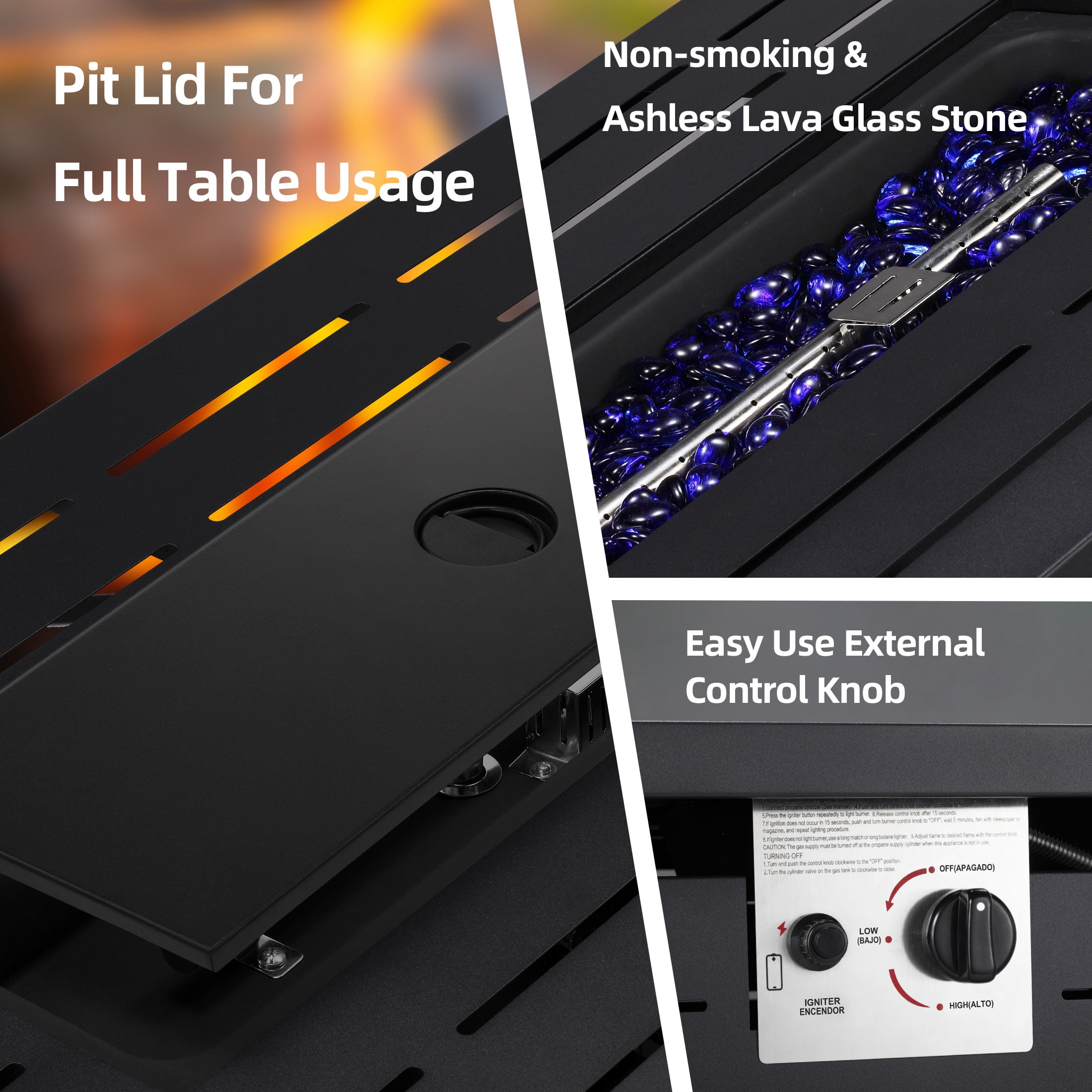 LHRIVER 43" Propane Fire Pit Table, 50,000 BTU Outdoor Windproof Gas Fire Pit with Lid, Smokeless  Glass Rocks, Cover