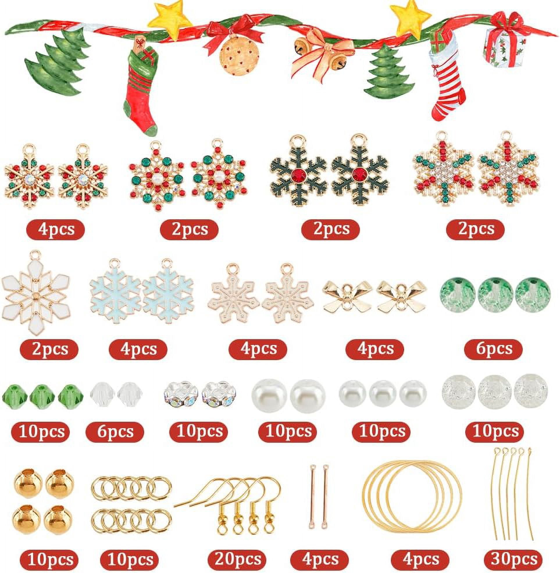 DIY Christmas Snowflake Earring Making Kit Including Glass Pearl & Bicone Beads Iron Bar Links Connectors Alloy Links & Pendant Brass Earring Hooks Mixed Color 162Pcs/box