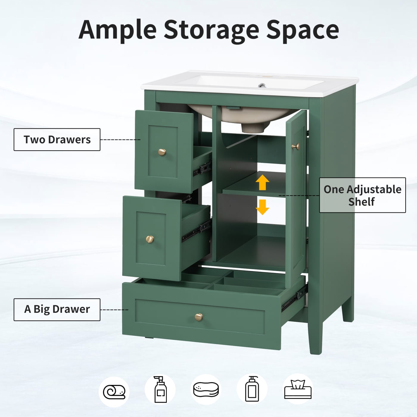 24" Small Bathroom Vanity with Sink Combo, Solid Wood Bathroom Storage Cabinet with 3 Drawers and Adjustable Shelf, Dark Green