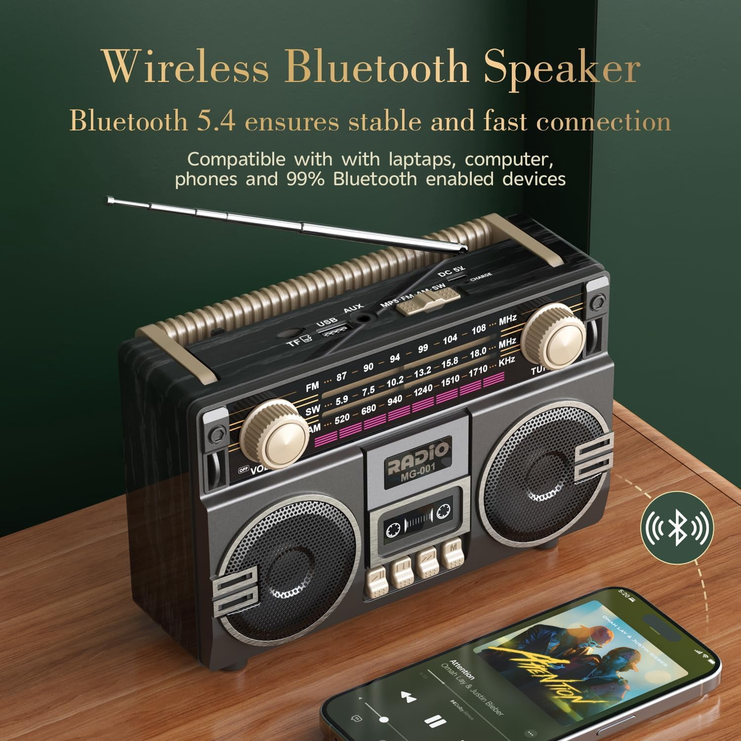 Portable AM/FM Radio with Dual Speakers, USB-C Rechargeable Retro Radio, Transistor Radios with Excellent Reception, Easy-to-Use Large Knob, Portable AM/FM Radios for Seniors at Home and Outdoors