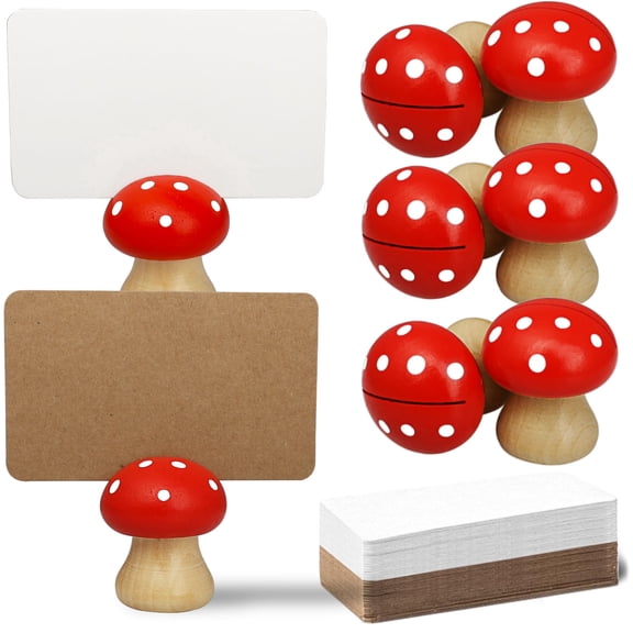 8Pcs Cute Wood Place Card Holders and 32Pcs Kraft Place Cards, MINI Mushroom Table Number Holders, Food Labels for Buffet, Name Card Photo Picture Holders for Harvest Fall Thanksgiving Wedding Party