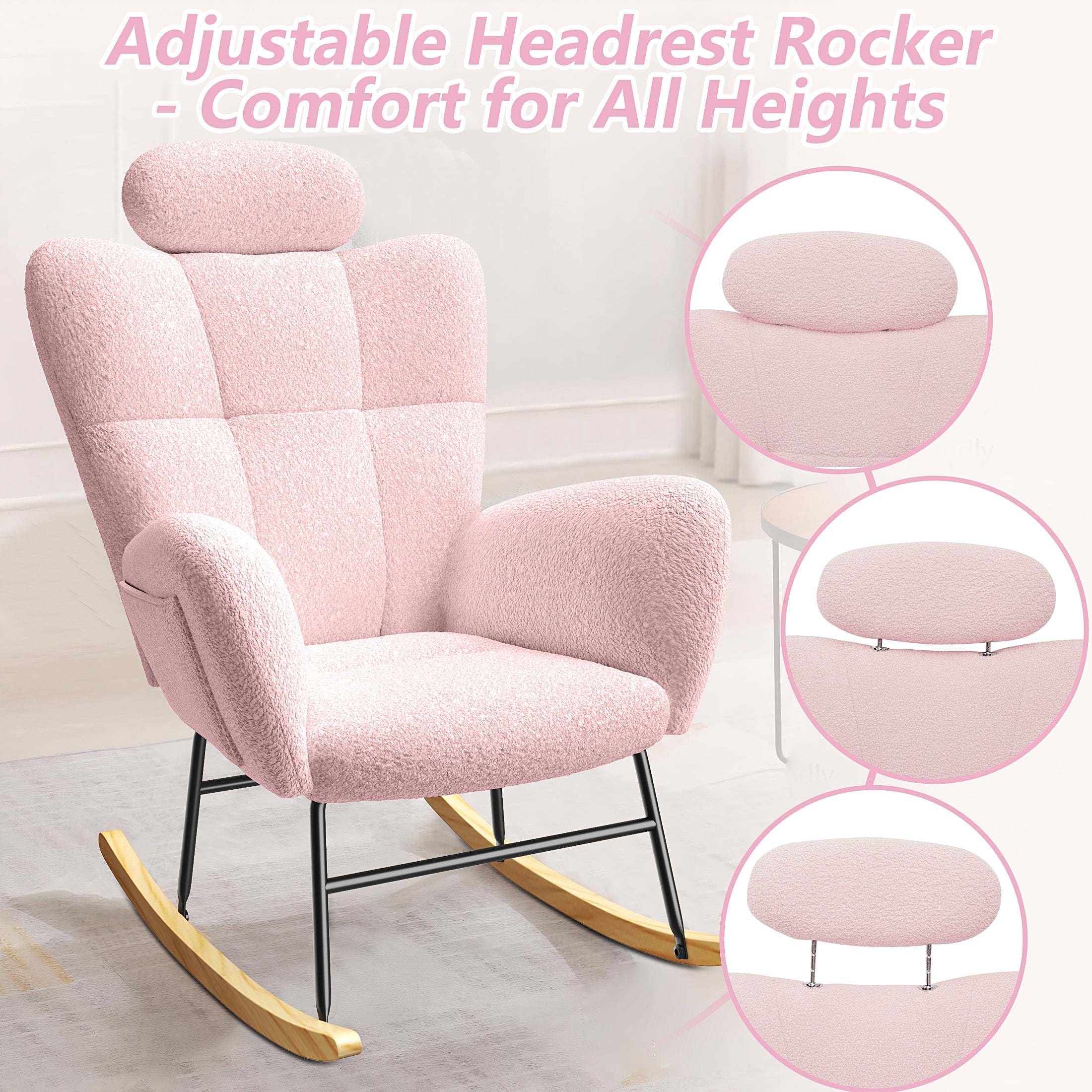 UHOMEPRO Modern Teddy Fabric Rocking Chair, Accent Rocker Chair with High Backrest, Accent Glider Rocker for Living Room Bedroom Playroom, Pink