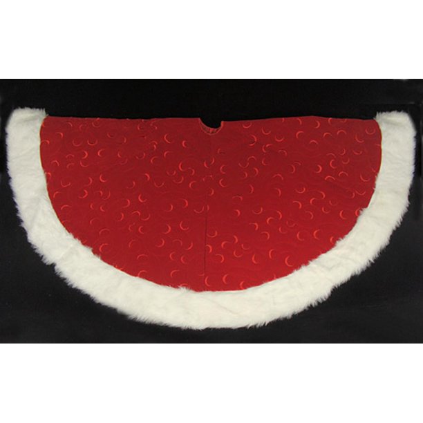 56" Red Swirl Embossed Christmas Tree Skirt with White Faux Fur Trim