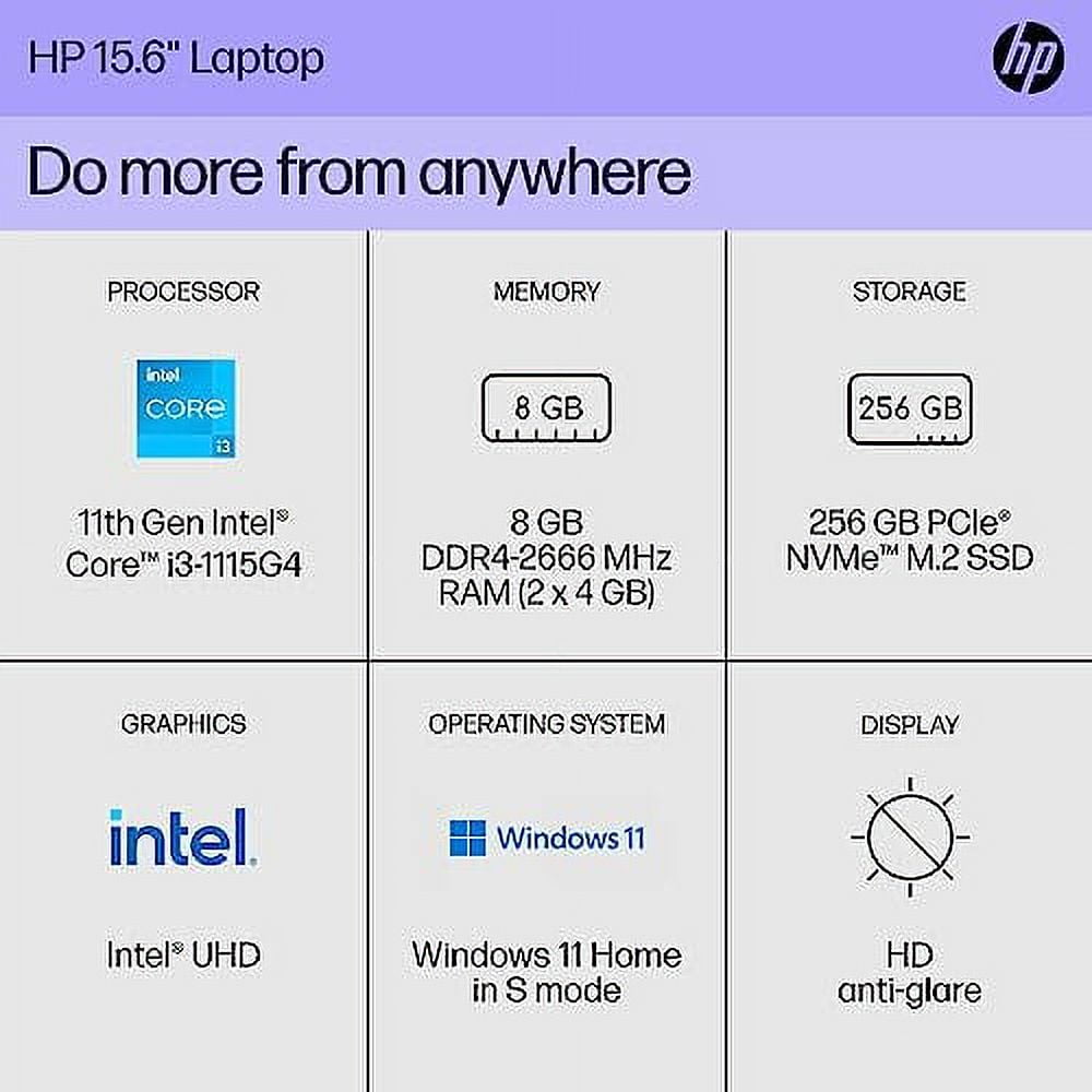 HP 15.6" Laptop, Intel Core i3-1115G4, 8GB RAM, 256GB SSD, Spruce Blue, Windows 11 Home in S Mode, 15-dy2792wm