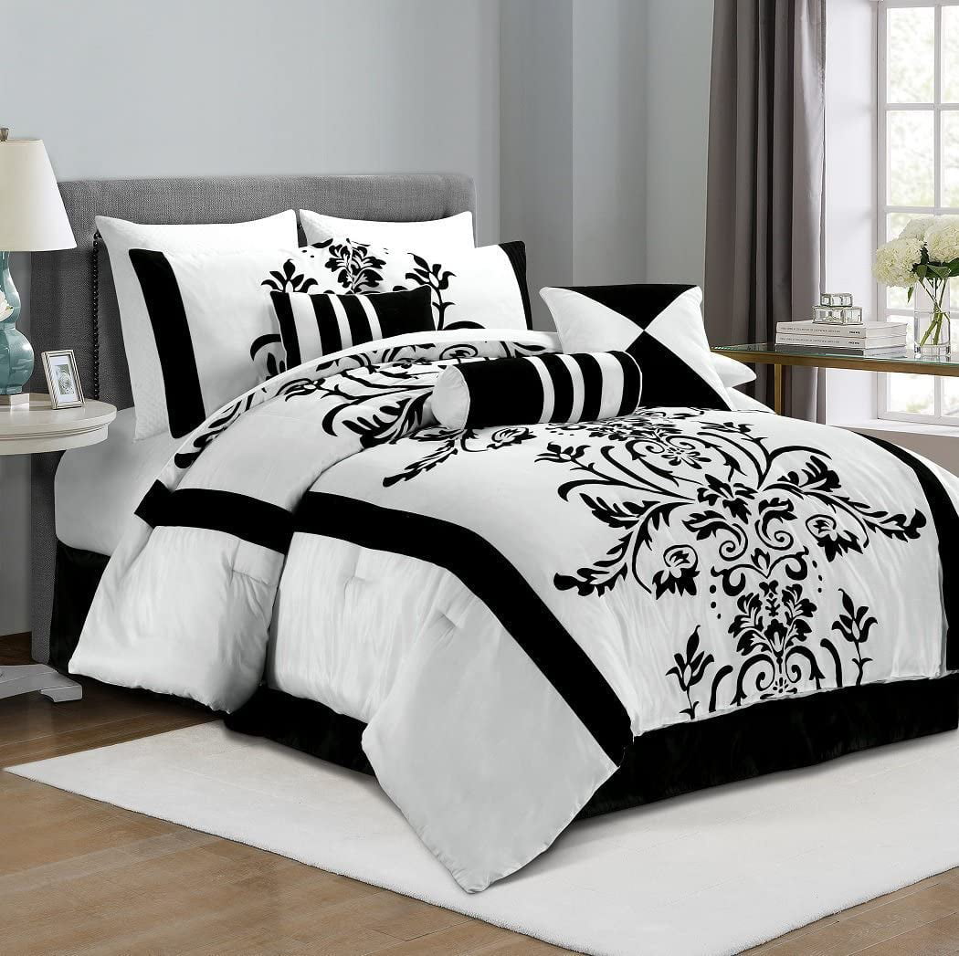 Silky Burgundy Black Grey Floral Patchwork 7 pcs Cal King Queen Comforter set 
