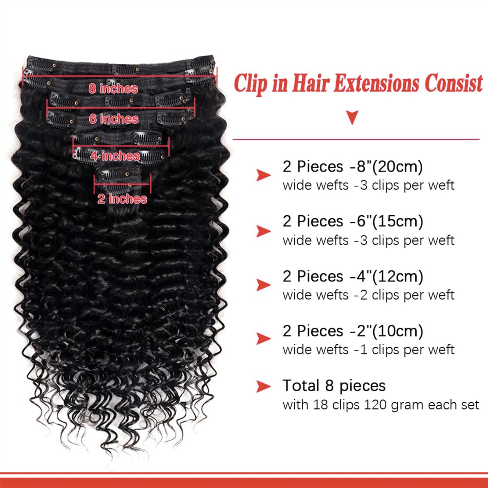 120g Deep Wave Clip ins Human Hair Extensions 8Pcs Deep Wave Clip in Hair Extensions Real Human Hair Thick to Ends with 18Clips Double Weft