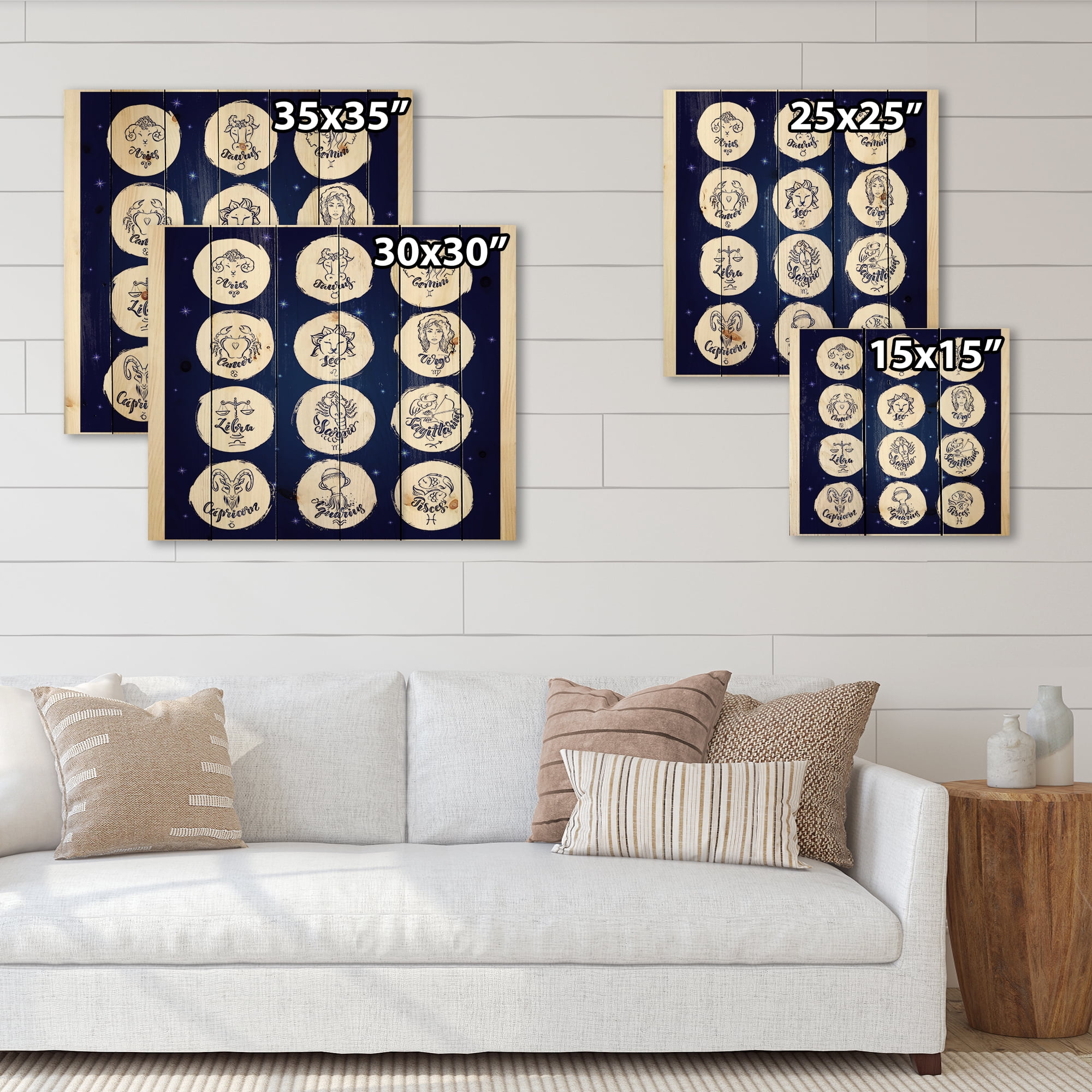 Designart 'Zodiac Diagram & Signs On Blue' Modern Print on Natural Pine Wood